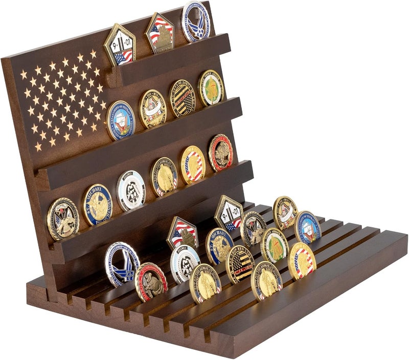 Yncotte Challenge Coin Display,Wooden Military Coin Holder Display for Desktop or Award Ceremony, Deepened Anti-Slip Grooves Large Capacity of 80 Coins (Walnut) - Image 1